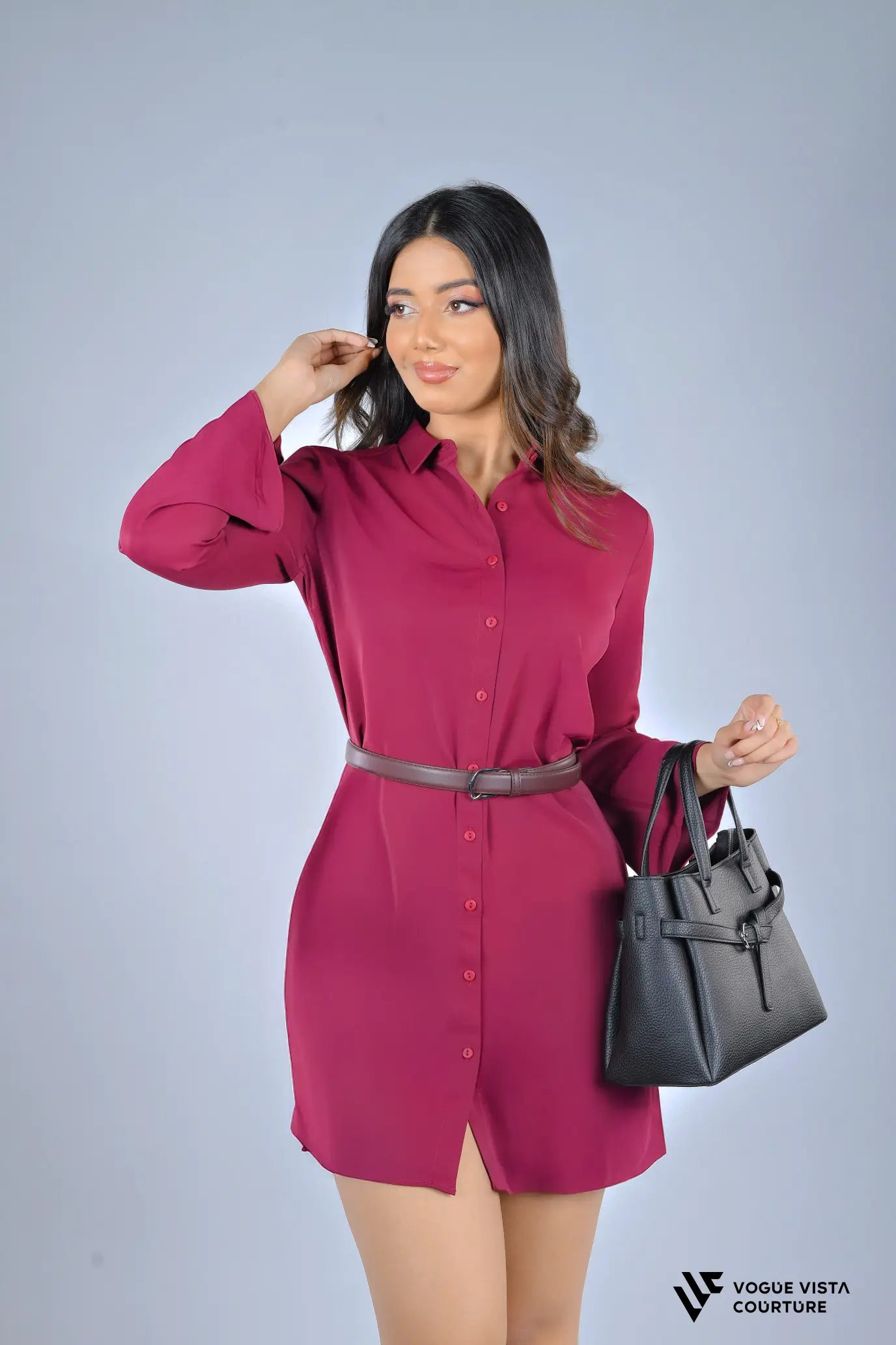 FlowEase Sleek Shirt Dress (Wine Red)