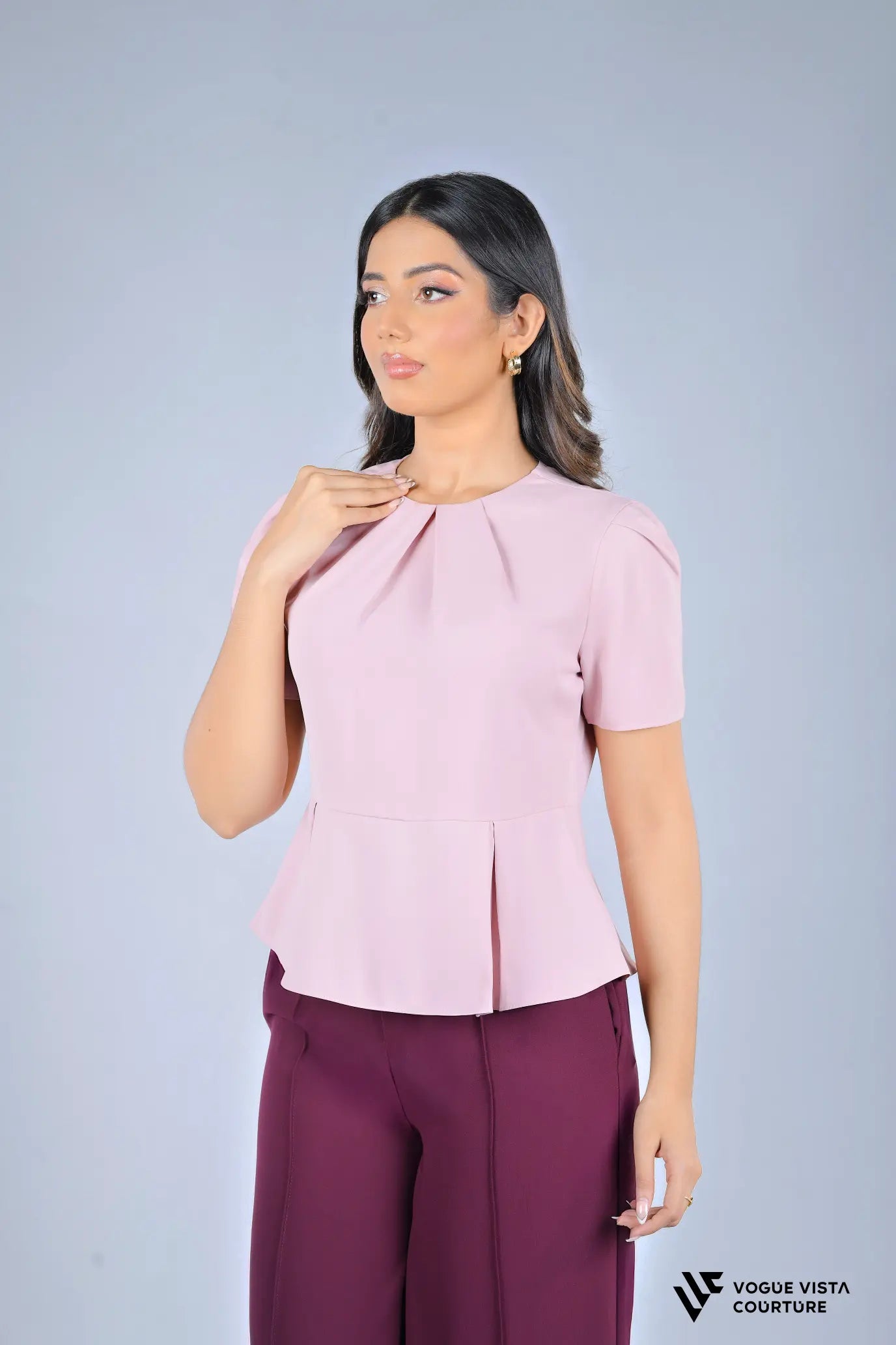 Pleated Short Sleeve Peplum Top (Pink)