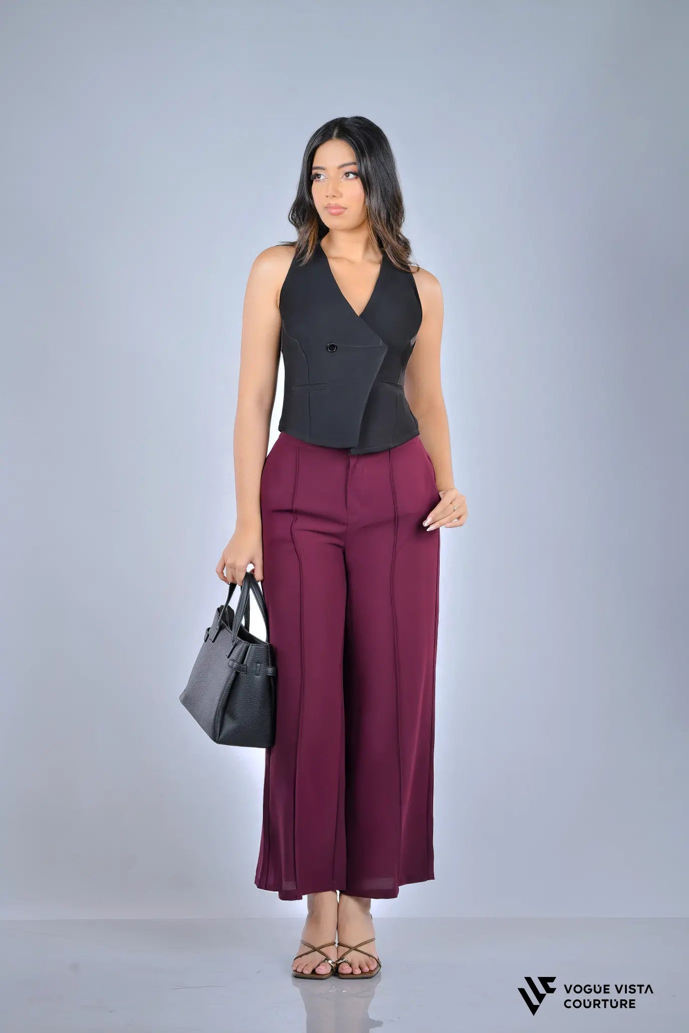 Panel Detail Wide-Leg Pants (Wine Red)