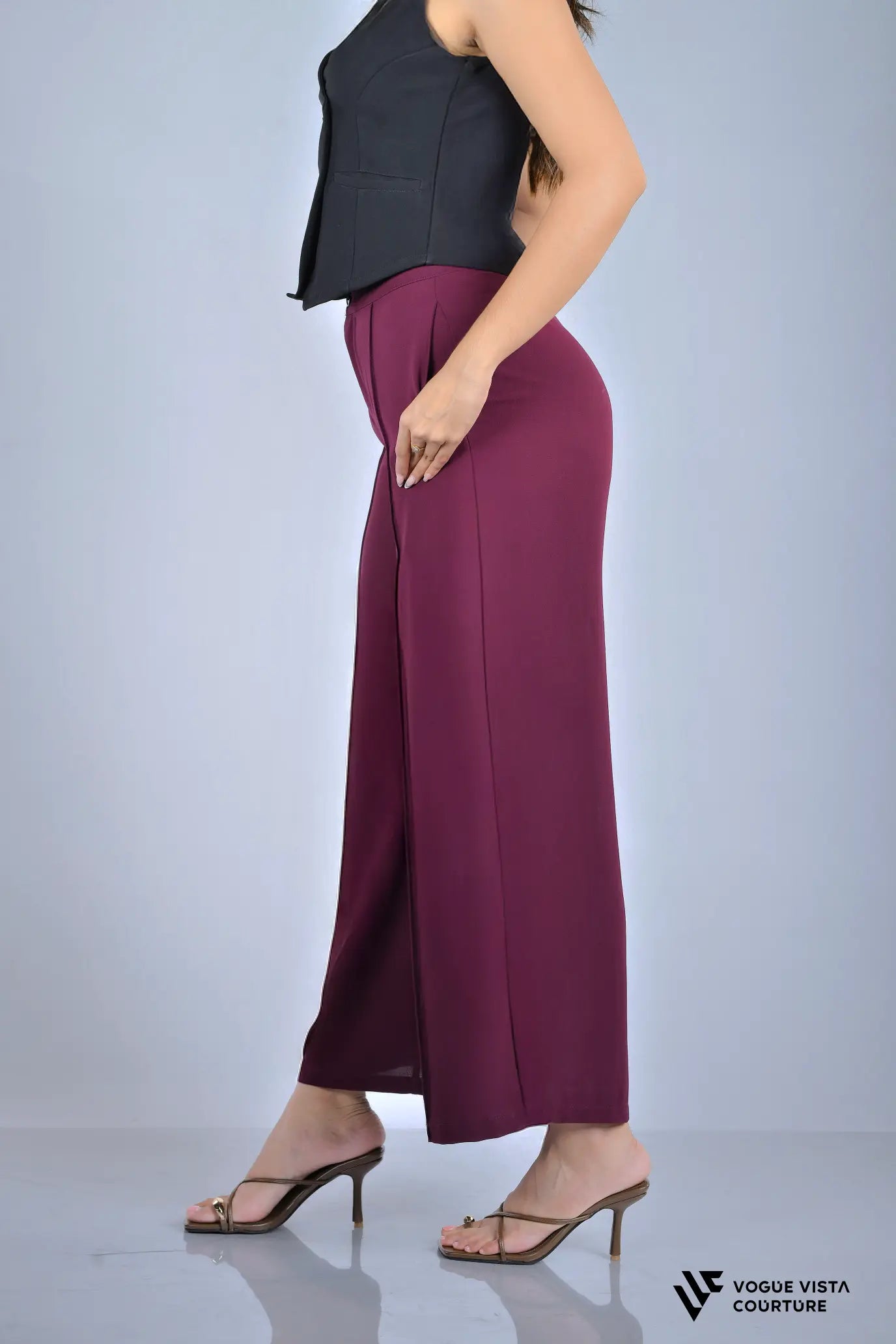 Panel Detail Wide-Leg Pants (Wine Red)