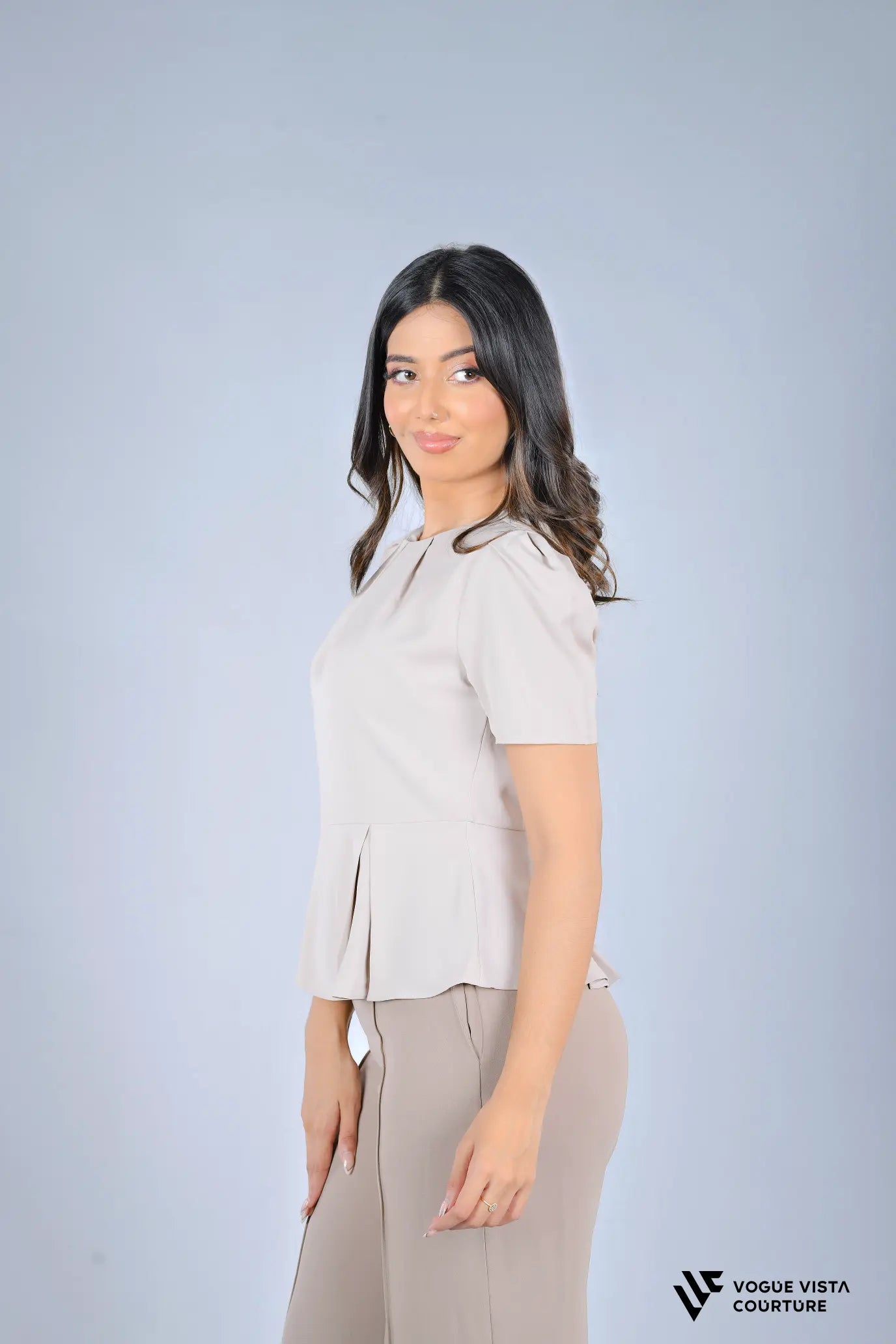 Pleated Short Sleeve Peplum Top (Beige)