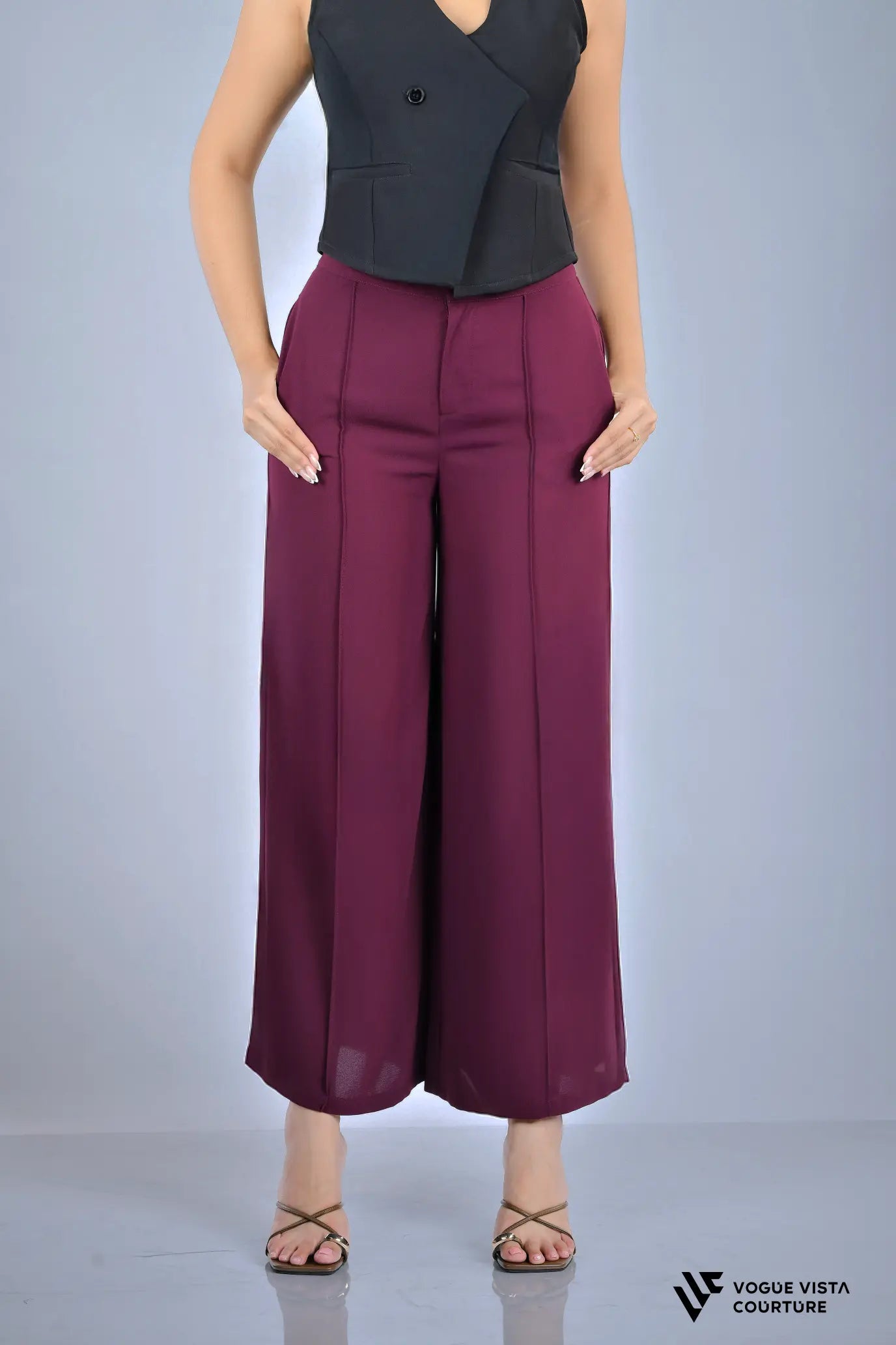 Panel Detail Wide-Leg Pants (Wine Red)