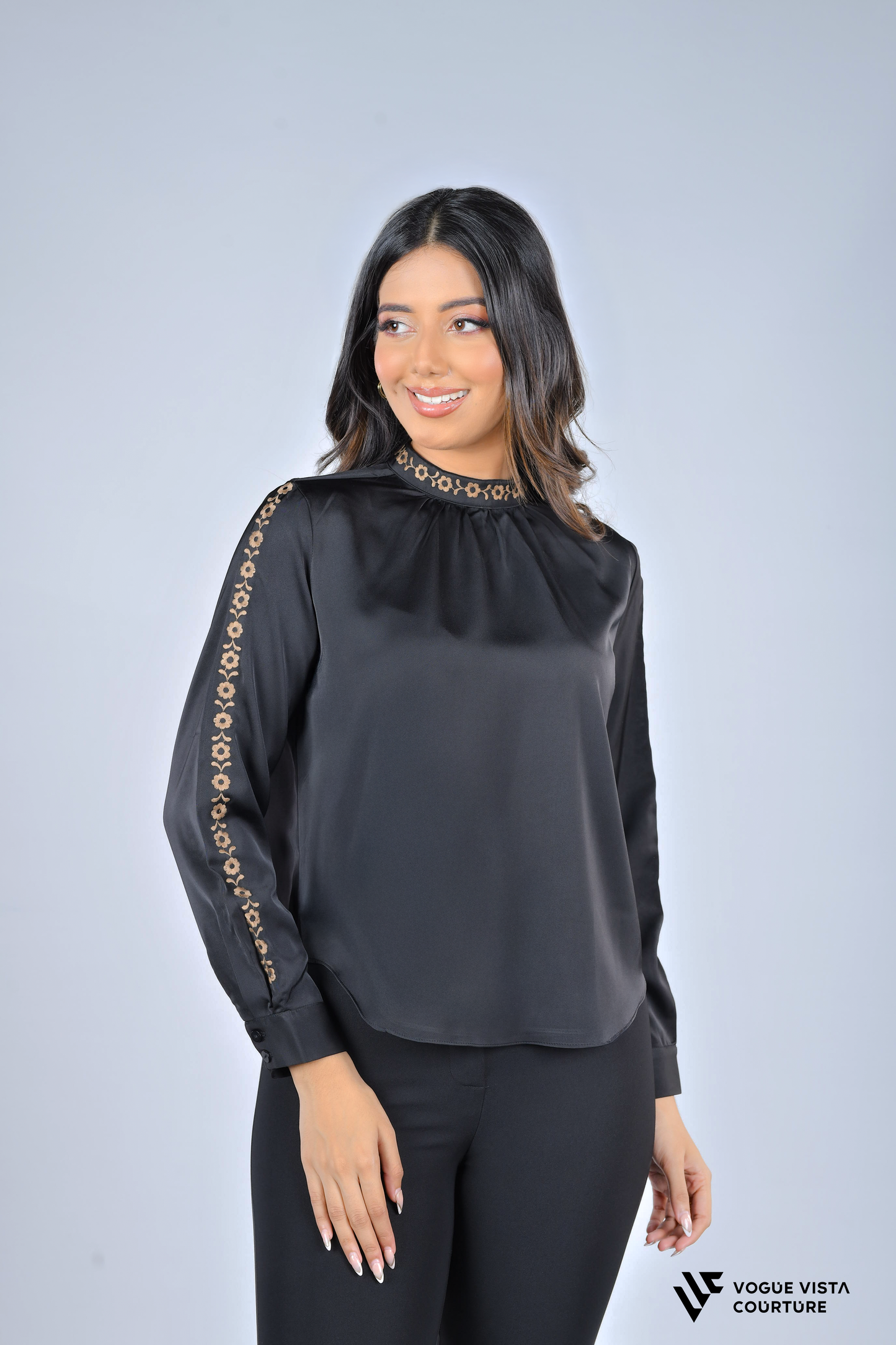 Elegant Embroidery Detail Top (Black)