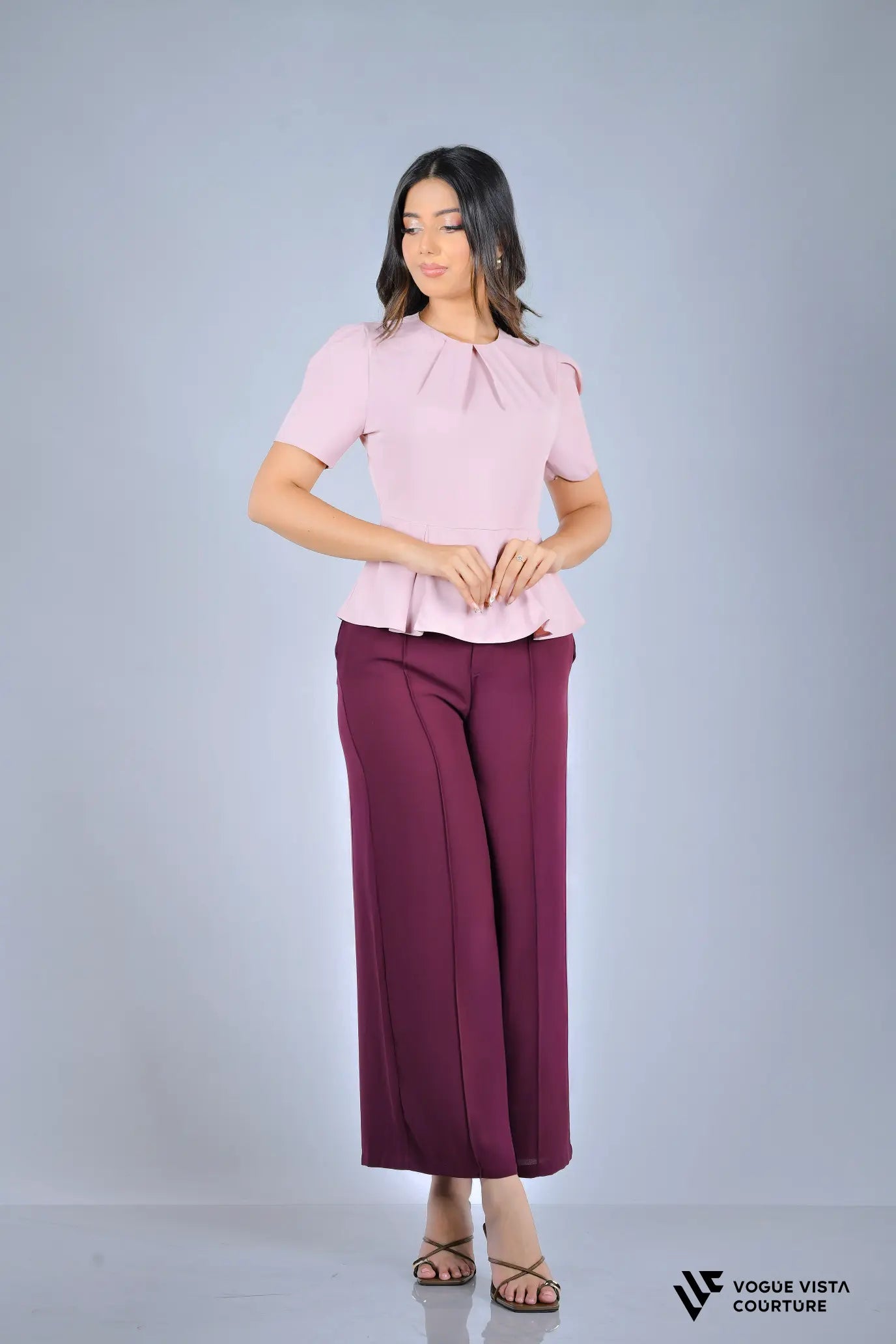 Pleated Short Sleeve Peplum Top (Pink)