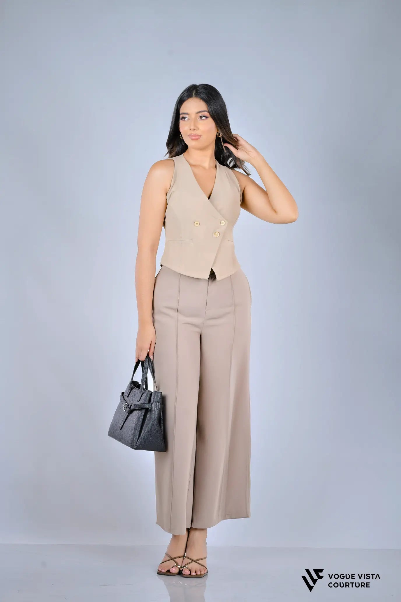 Panel Detail Wide-Leg Pants (Beige)