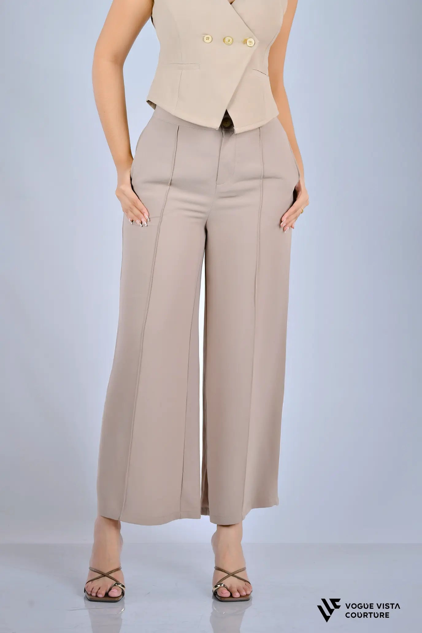 Panel Detail Wide-Leg Pants (Beige)