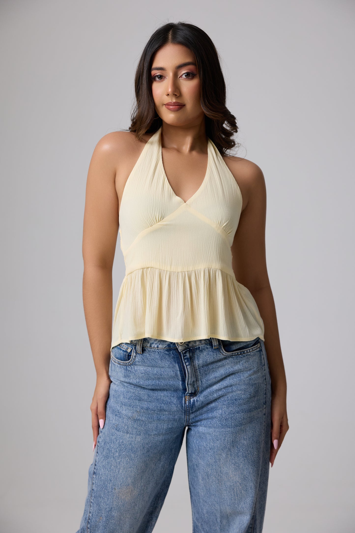 Flow Halter Peplum Top (Butter Yellow)